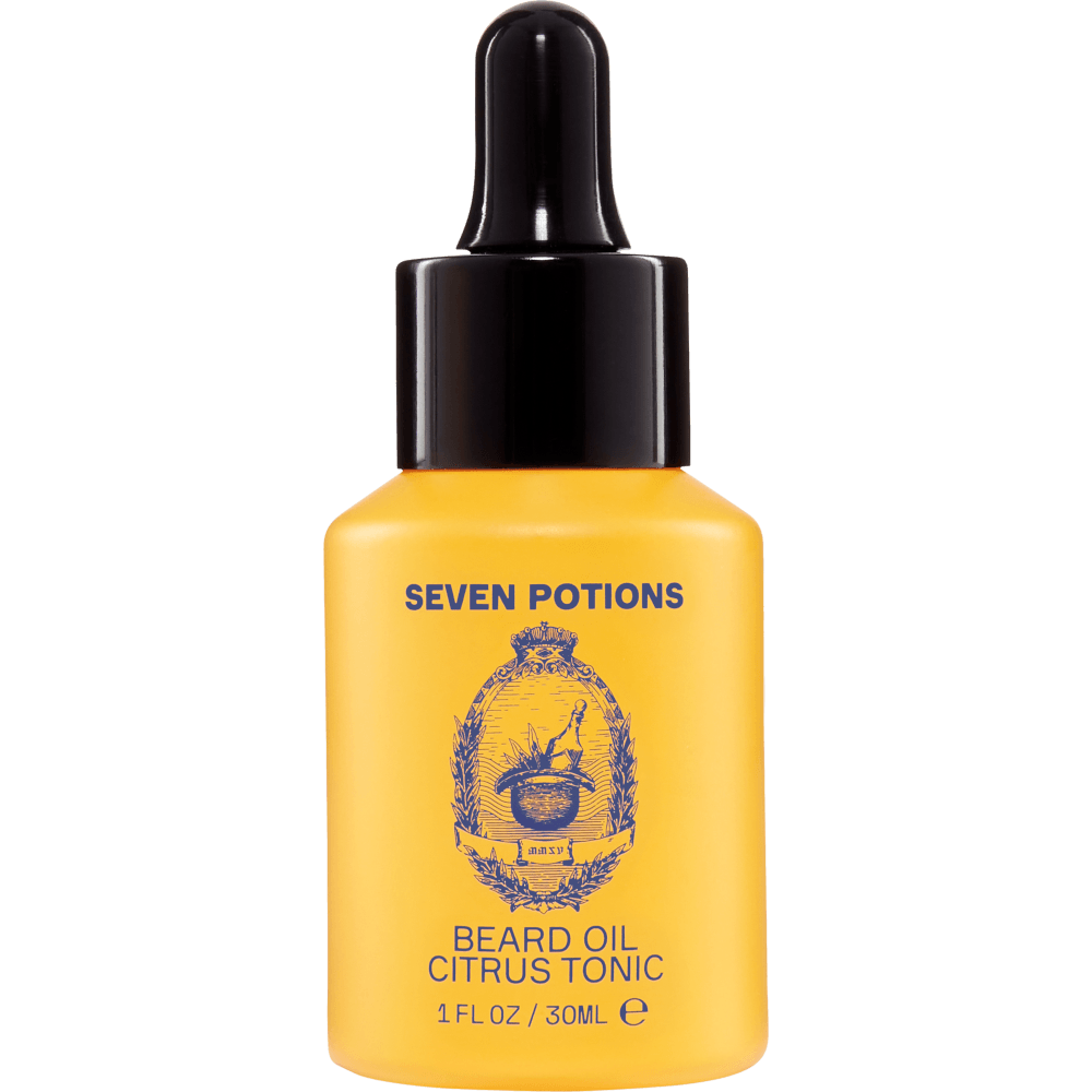 Yellow bottle of Seven Potions Beard Oil Citrus Tonic on a clear background