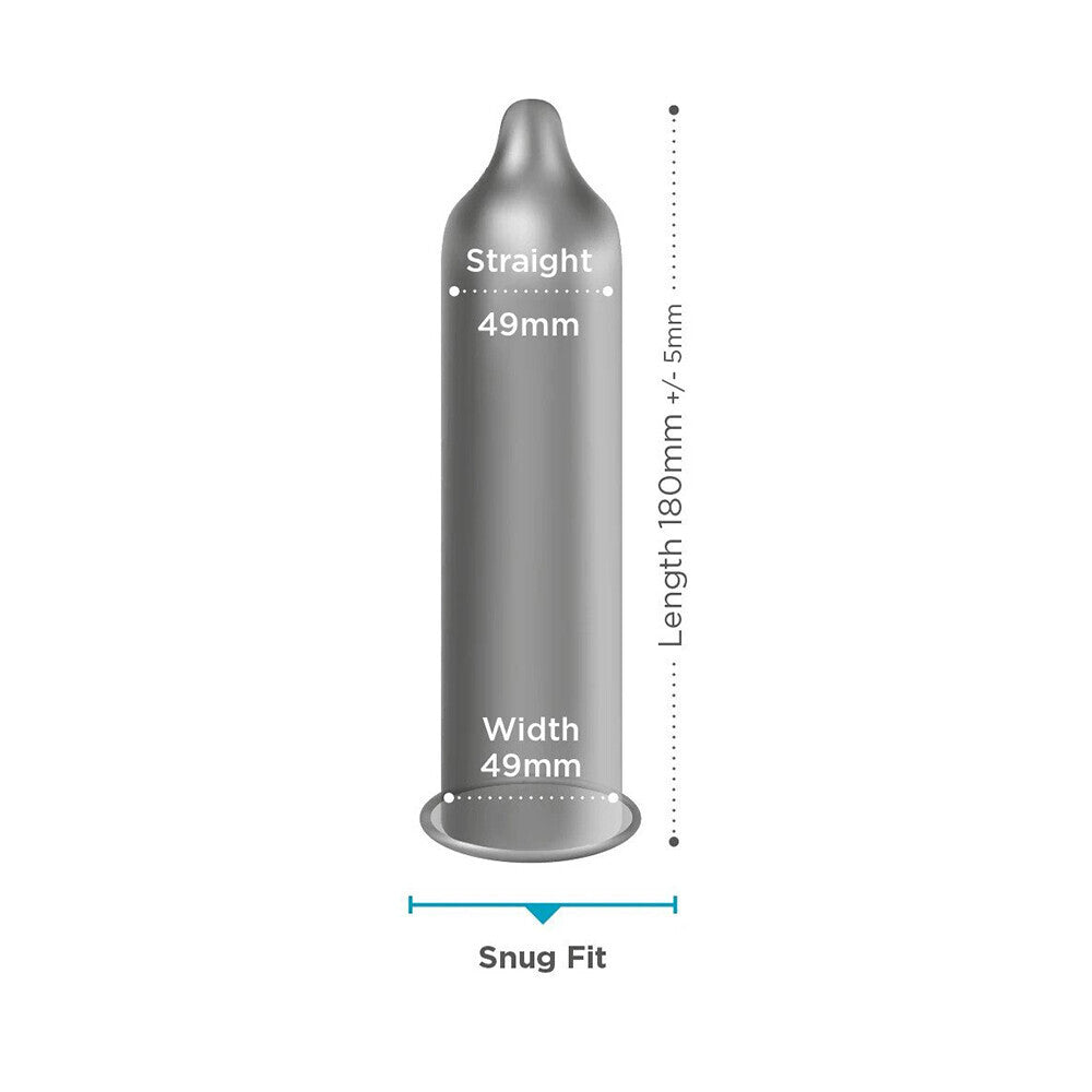 EXS snug condom individual size guide on white background. image 3