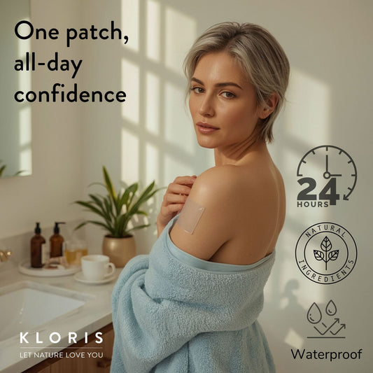 Woman with a patch on her shoulder in a bathroom setting, promoting KLORIS products.