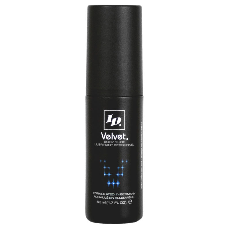 black bottle of ID velvet lubricant on white background. Image 1