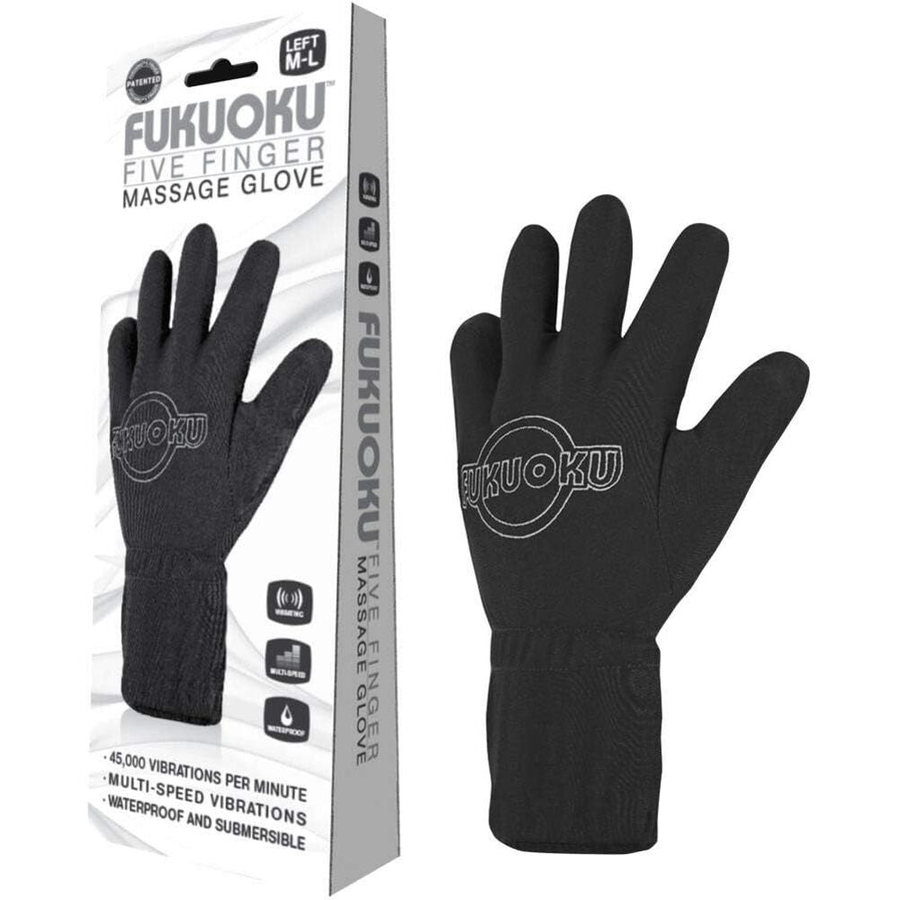Black five finger massage glove with packaging displaying 'Fukuoku' branding on a white background. 3