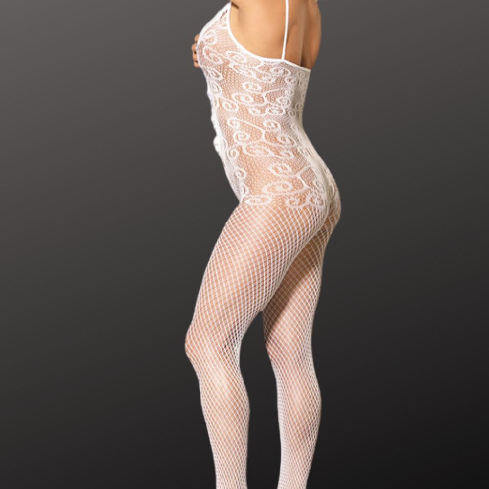 lady wearing white bodysuit on grey background, side view.