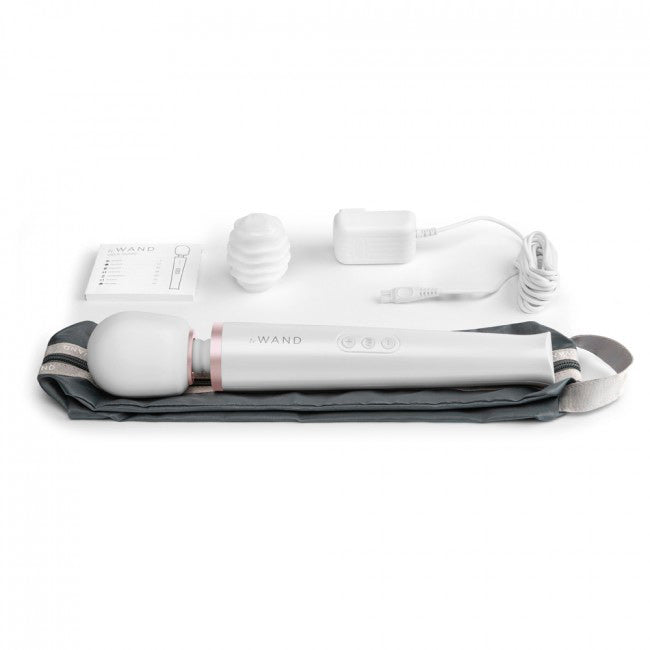 White Rechargeable Massager with charger on white background. image 3