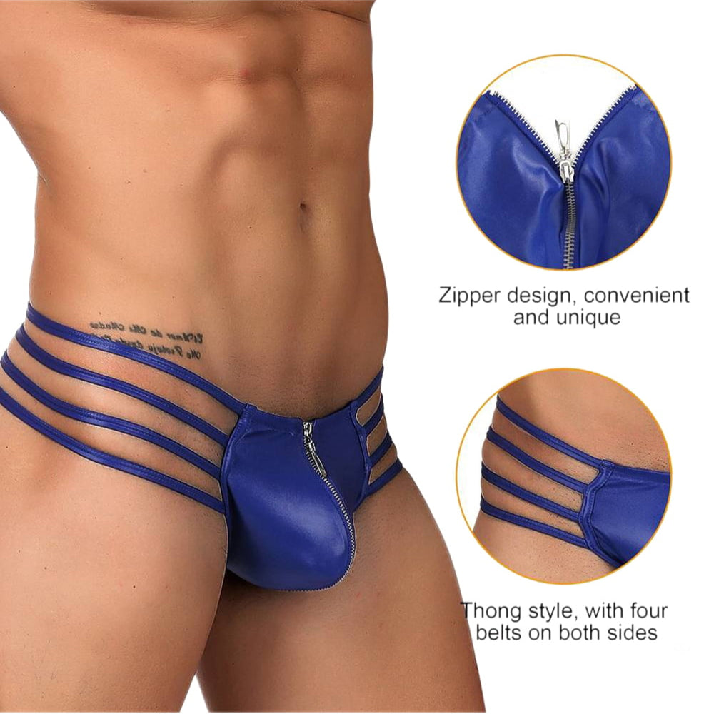 man wearing Blue Men's Strappy Thong on grey background. image 3