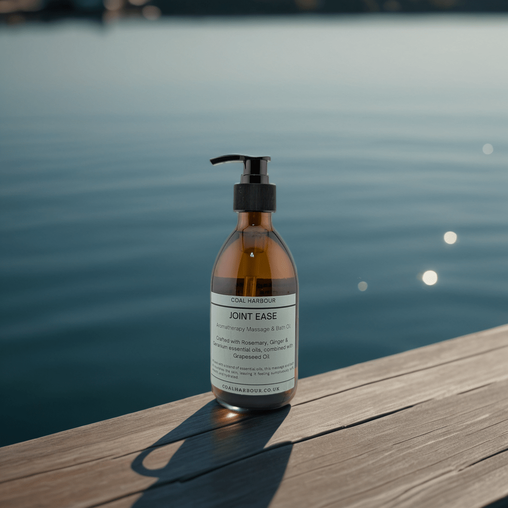 Bottle of 'Joint Ease' on a wooden dock with water in the background