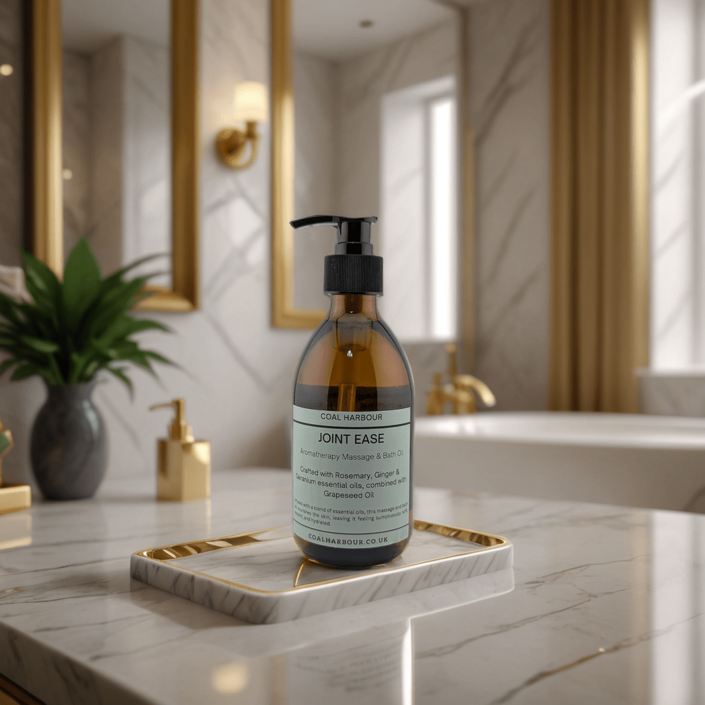 Bottle of 'Joint Ease' on a marble countertop in a bathroom setting