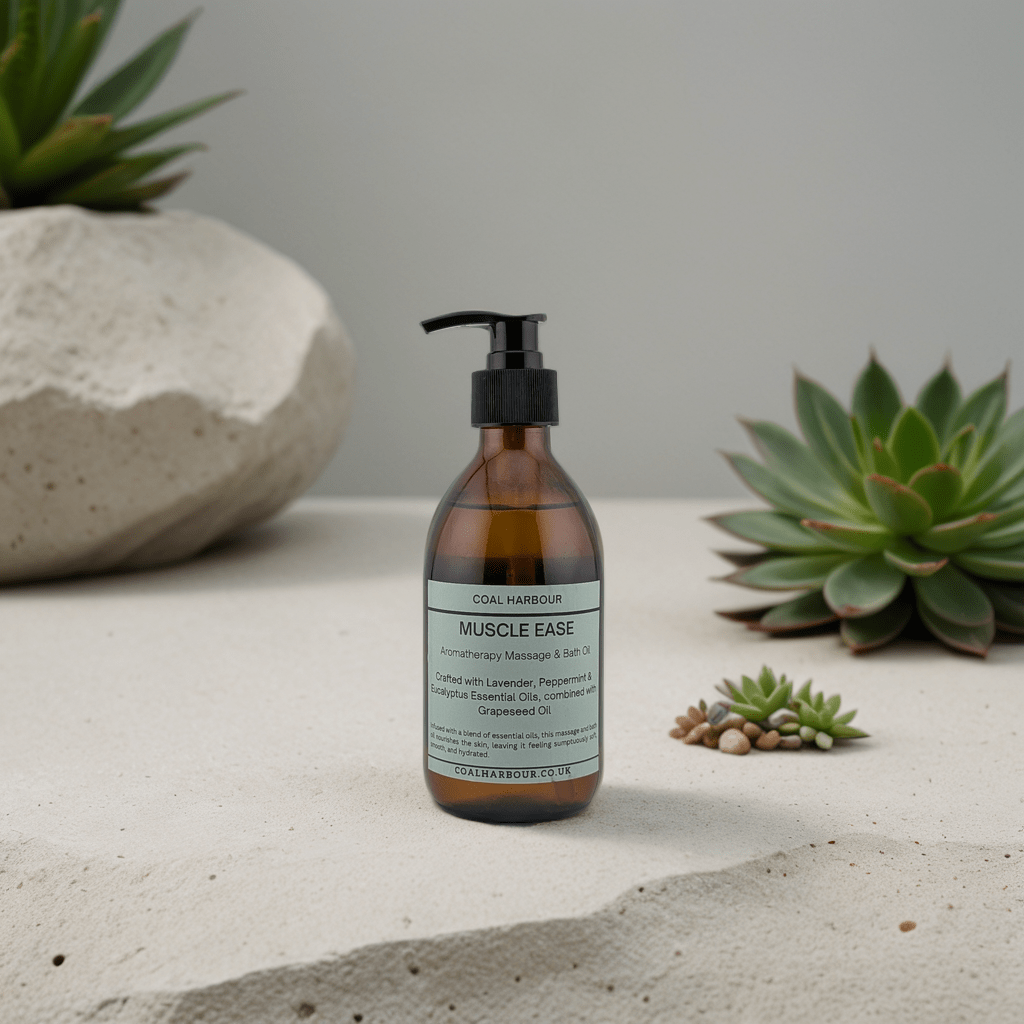 Bottle of 'Muscle Ease' on a concrete surface with succulents in the background