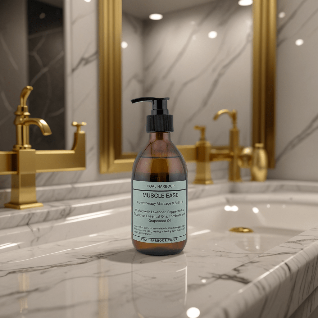 Bottle of 'MUSCLE EASE' on a marble countertop with gold fixtures in the background