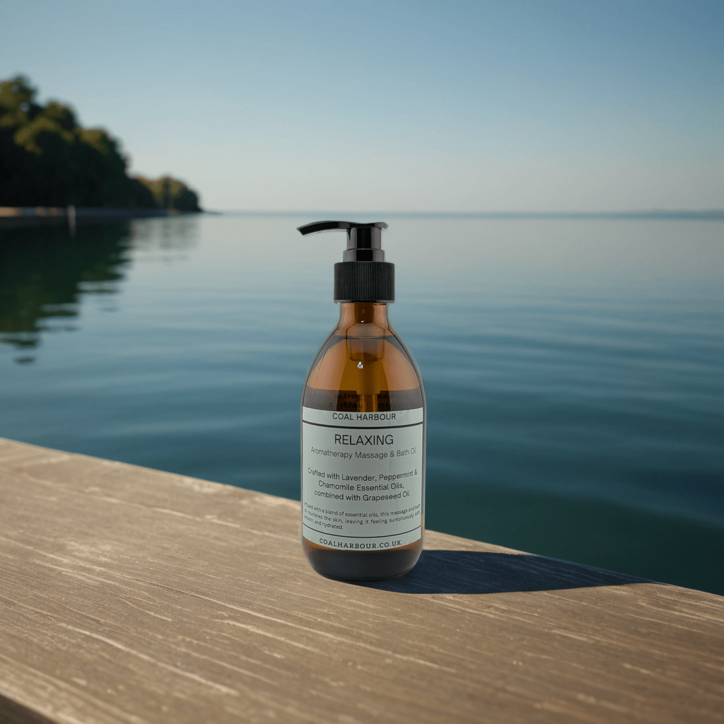 Bottle of 'Curl Harbour' relaxing product on a wooden dock by a lake.