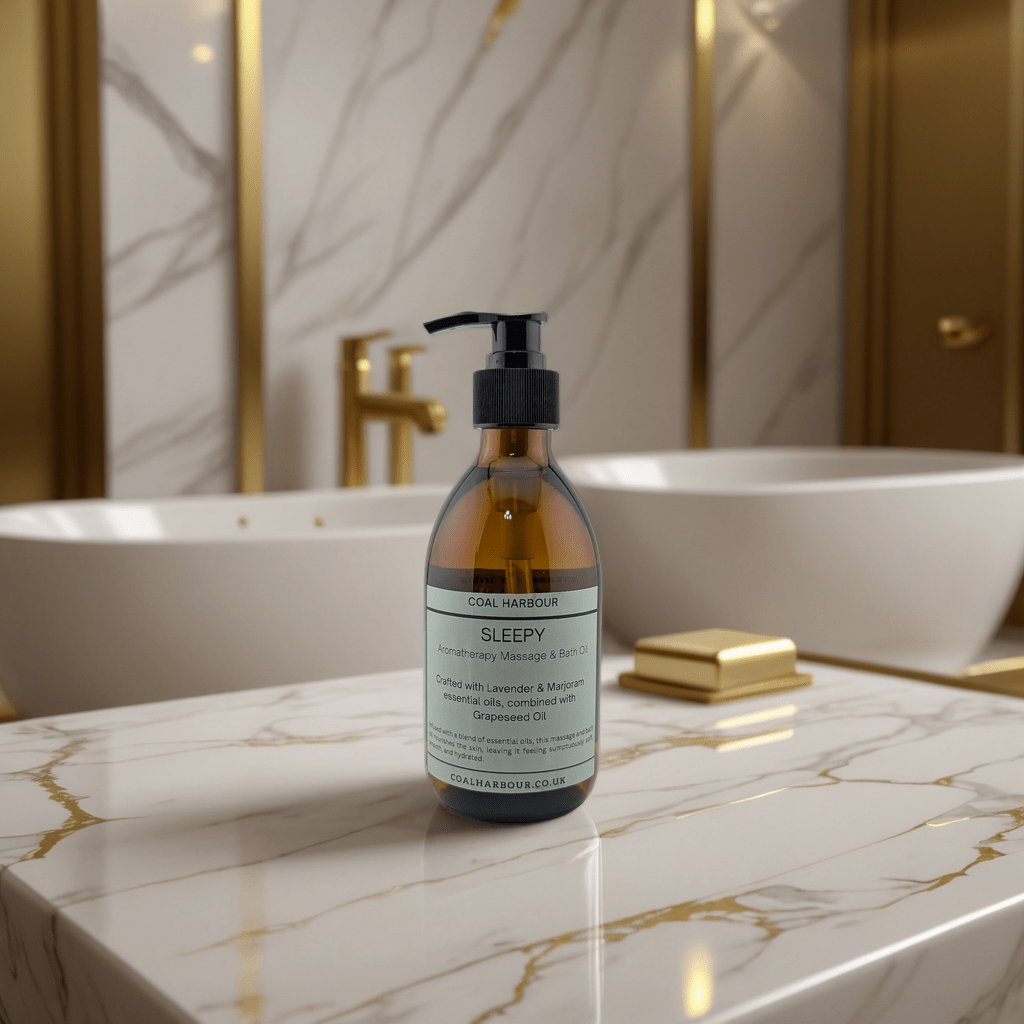 Bottle of 'Sleepy' product on a marble countertop with a bathroom setting in the background.