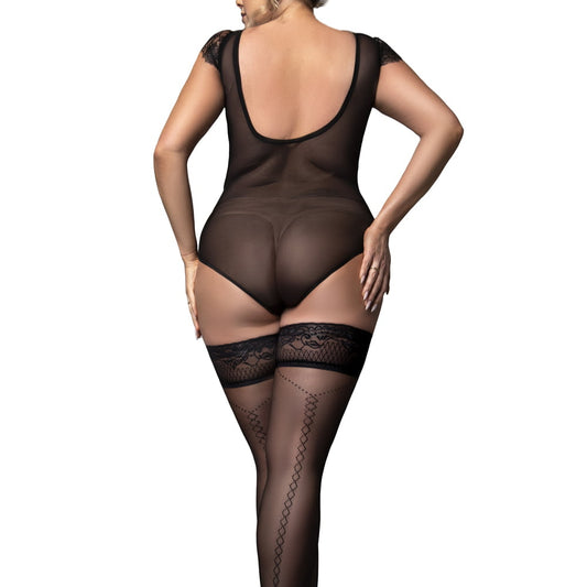 lady wearing black lace hold ups and black body suit, on white background, back view.