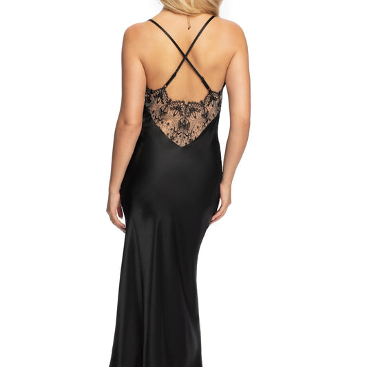 lady wearing a black nightgown with white background, back view