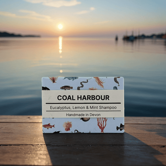 Coal Harbour shampoo bar packaging with a blue label on an lake background