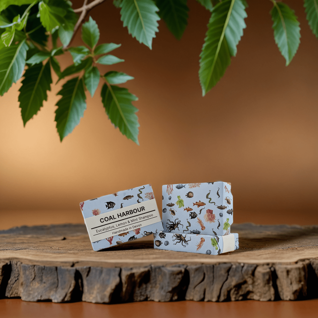 Two bars of soap with 'Coal Harbour' branding on a wooden surface with green leaves in the background.