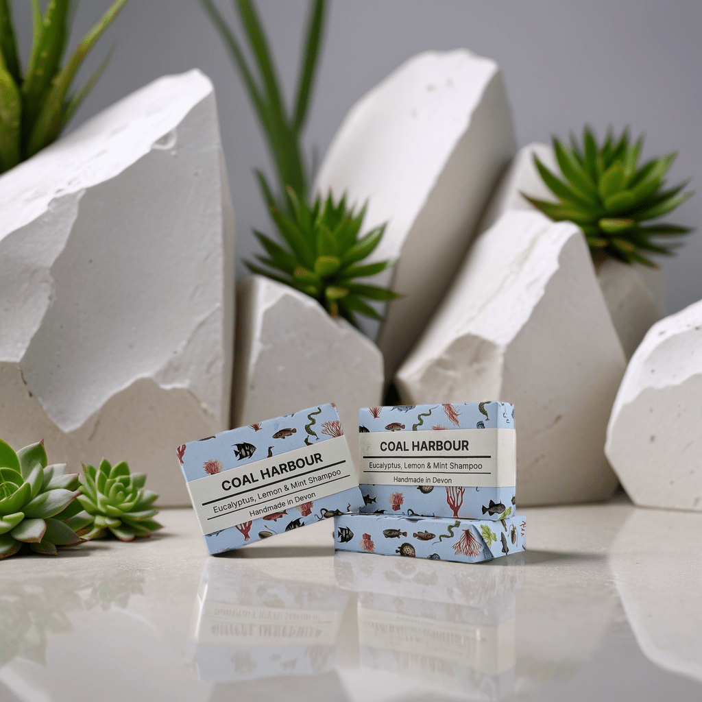 Two bars of Coal Harbour soap with decorative packaging on a reflective surface with plants in the background.