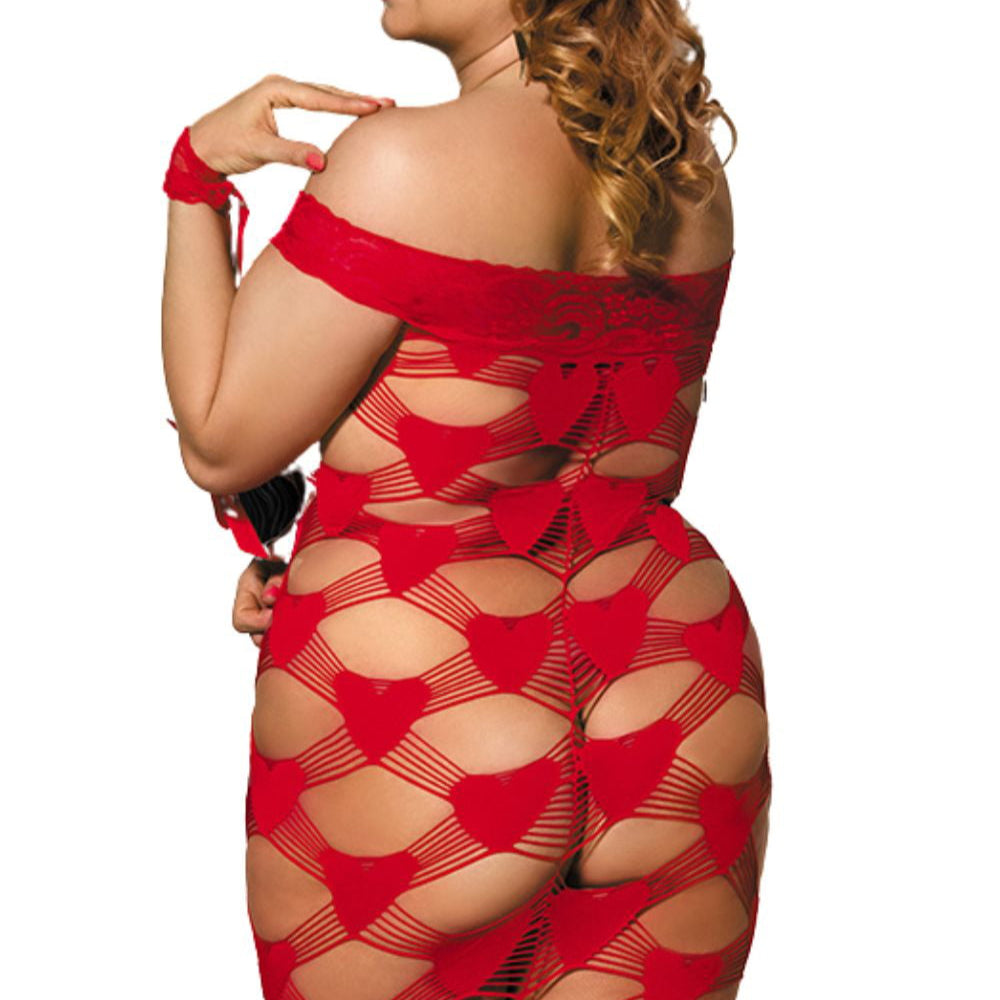 lady wearing red lace heart bodysuit and handcuffs on white background, back view.