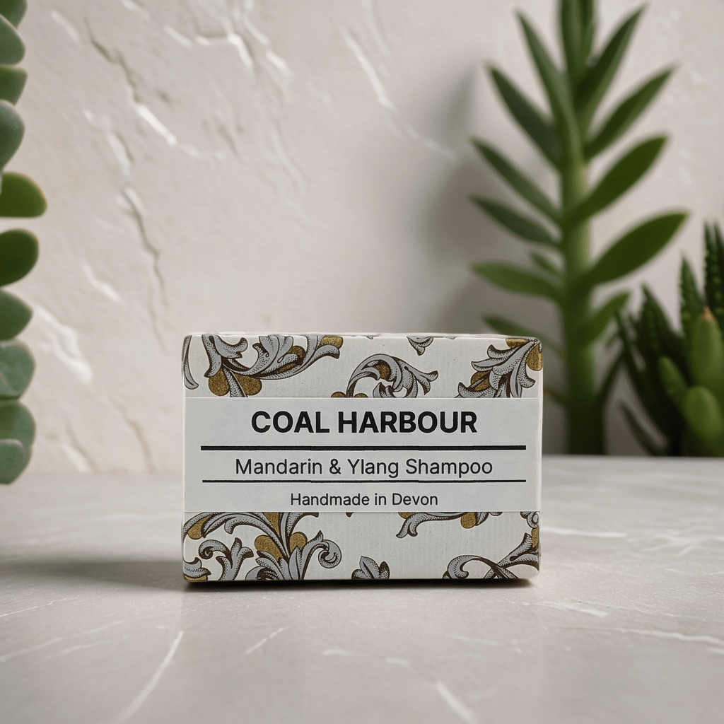 Box of Coal Harbour Mandarin & Ylang Shampoo on a neutral background with plants.