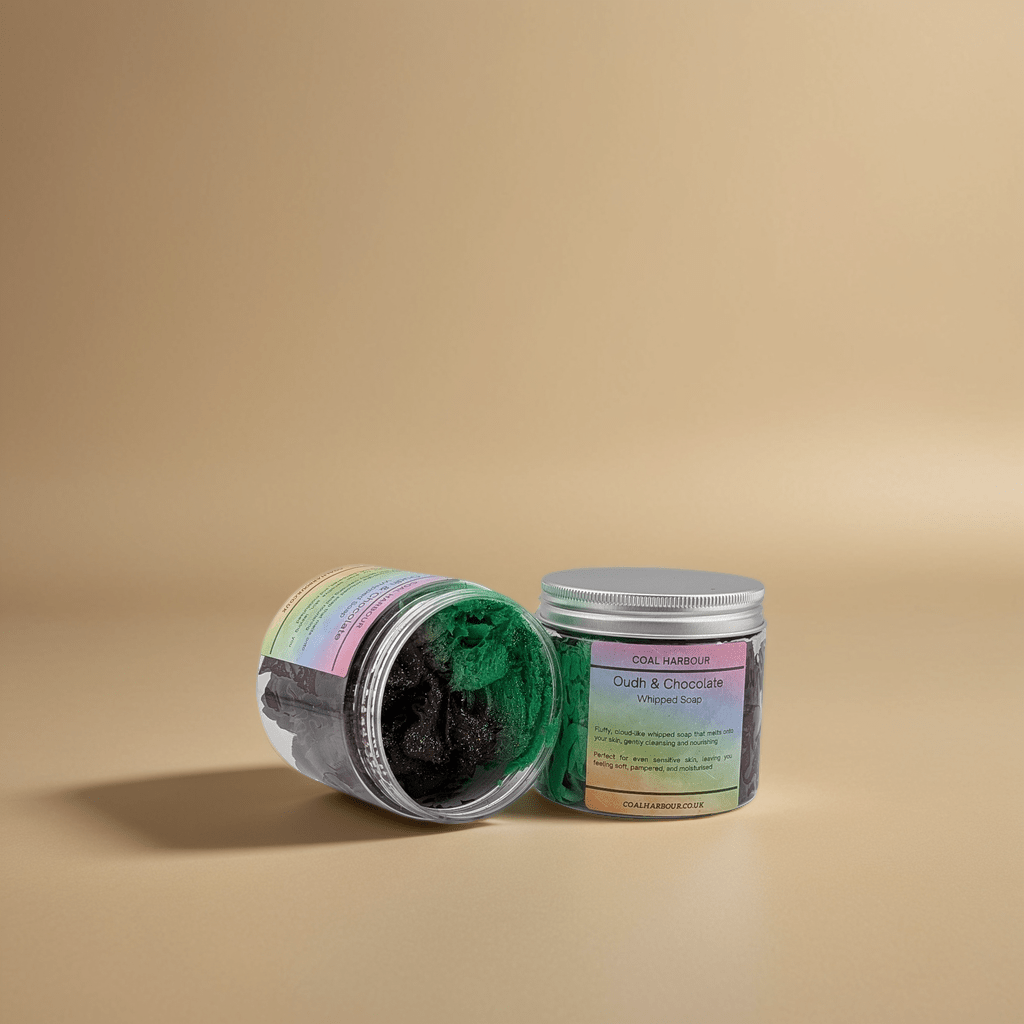 Open jar of hair product with colorful label on a beige background