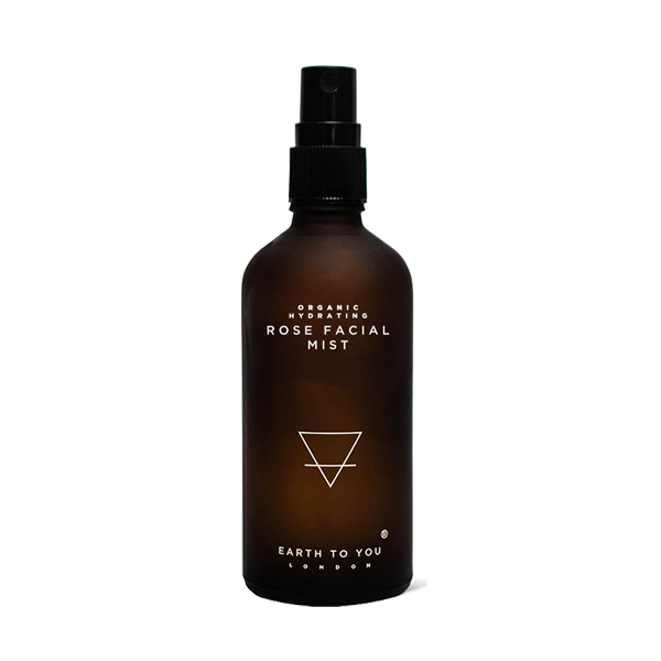 Brown bottle of Rose Facial Mist with 'Earth to You' branding on a white background