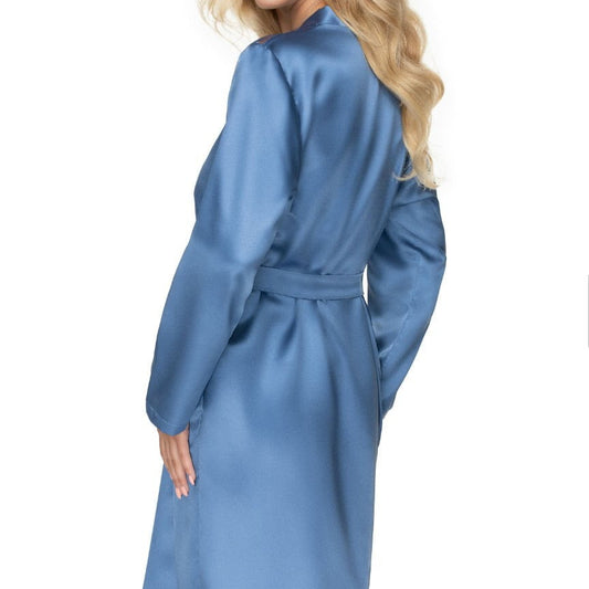 lady wearing sapphire dressing robe on white background, back view.