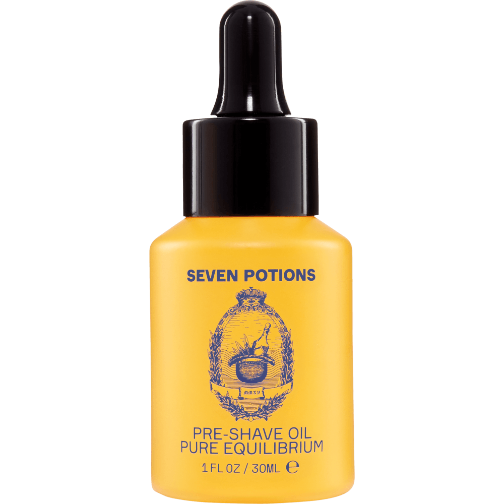 Yellow bottle of Seven Potions pre-shave oil with black dropper on a light gray background