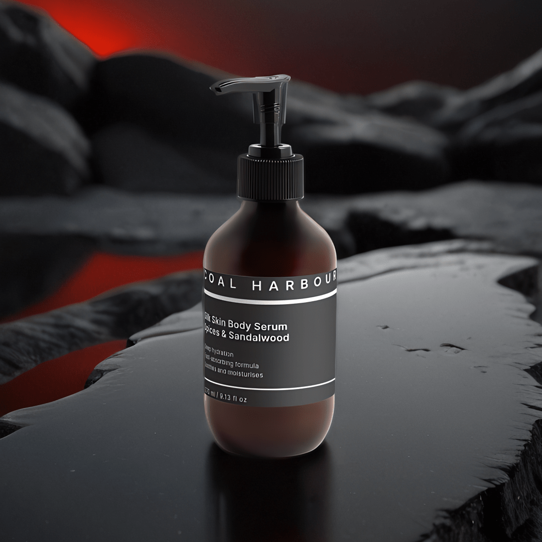 Bottle of 'Real Harbour' body serum on a dark surface with a dramatic background