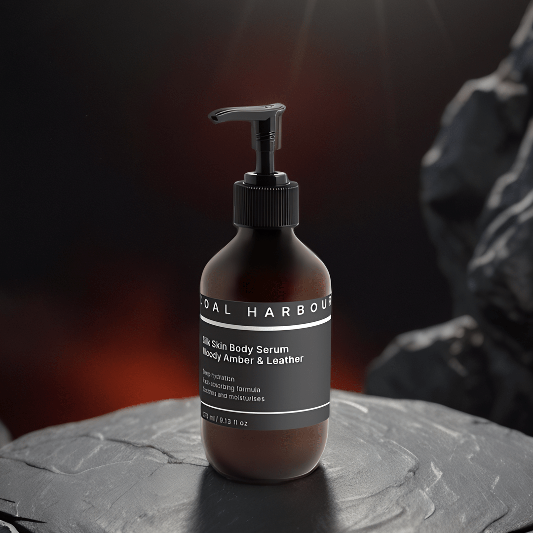 Bottle ofunal harbour product on a dark surface with a spotlight effect