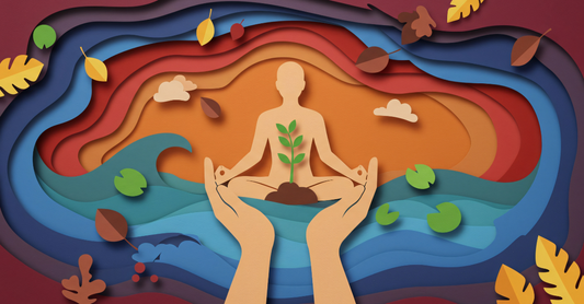 3d diagram of mind, body, and soul with scattered leaves and lots of colour