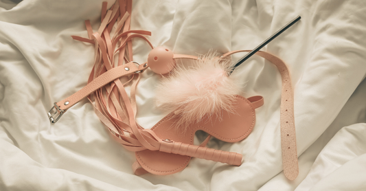 blindfold, whip and gag ball on a white bed sheet