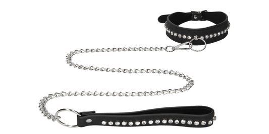 Black Diamond Studded Collar With Leash on white background.
