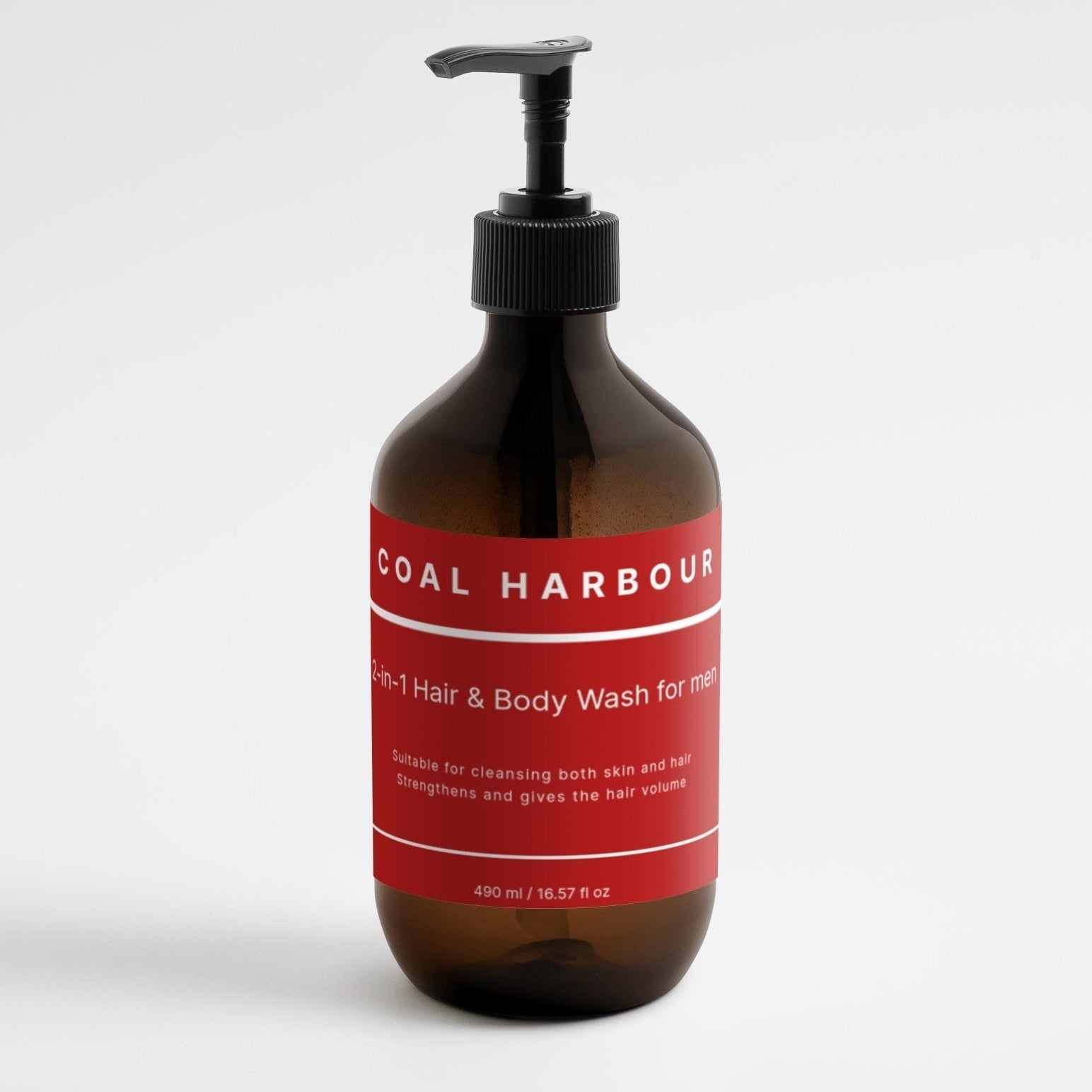 Brown bottle with red label on a white background