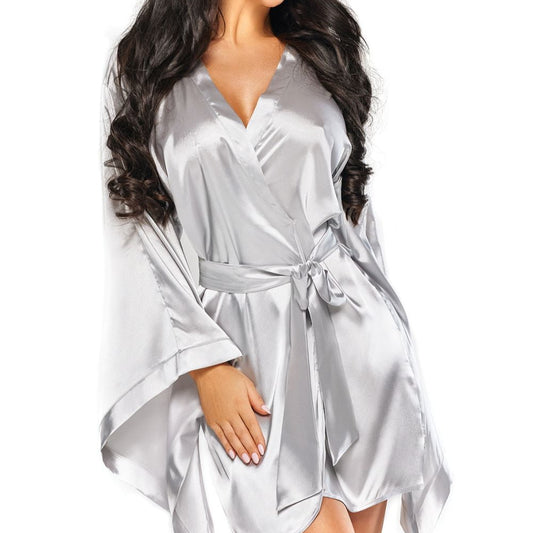 lady wearing a silver robe against white background.