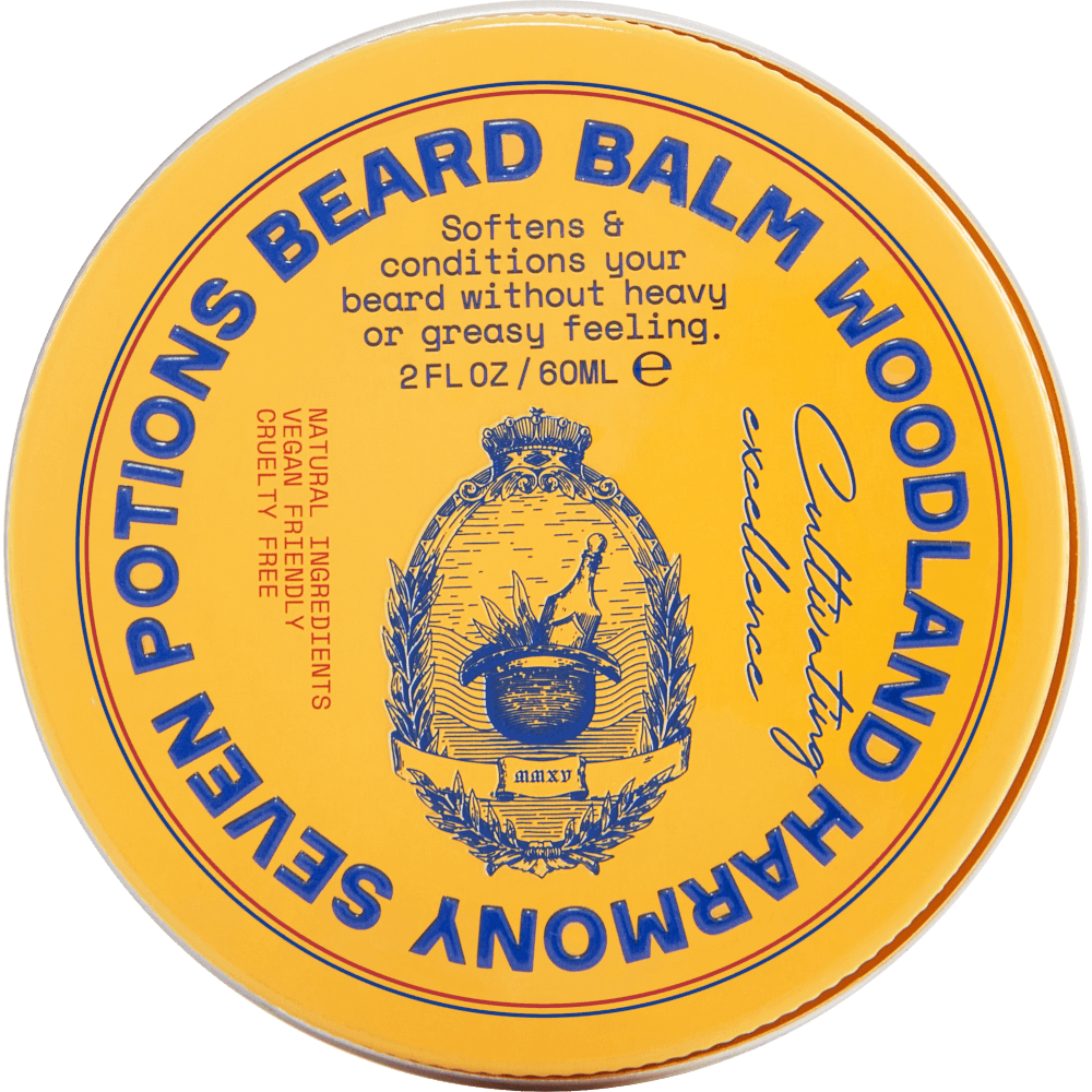 Beard balm container with yellow label and blue text on a gray background