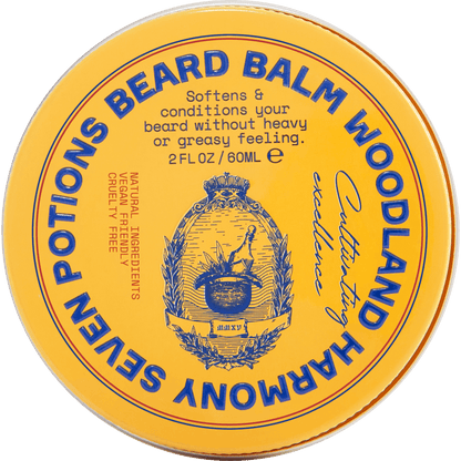 Beard balm container with yellow label and blue text on a gray background