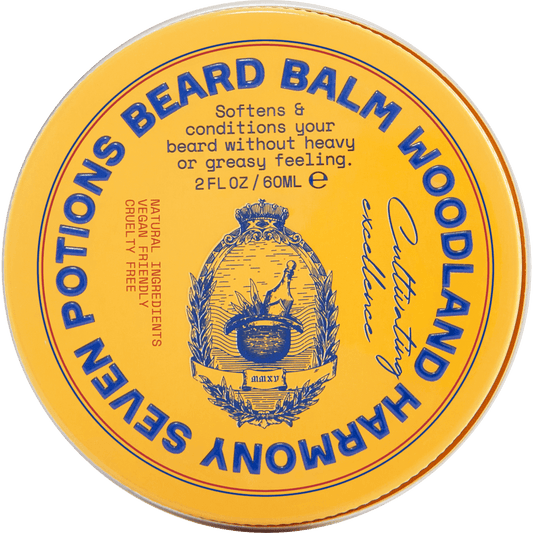 Beard balm container with yellow label and blue text on a gray background