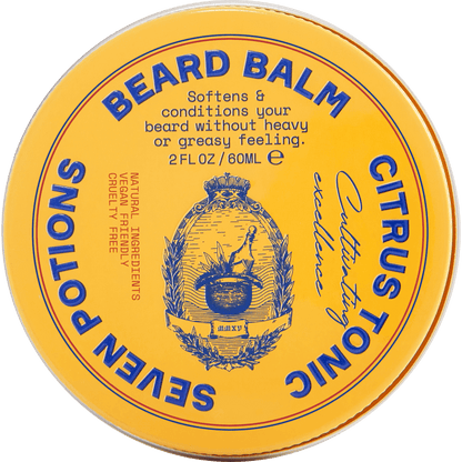 Yellow container of Seven Potions Citrus Tonic Beard Balm with blue text on a gray background