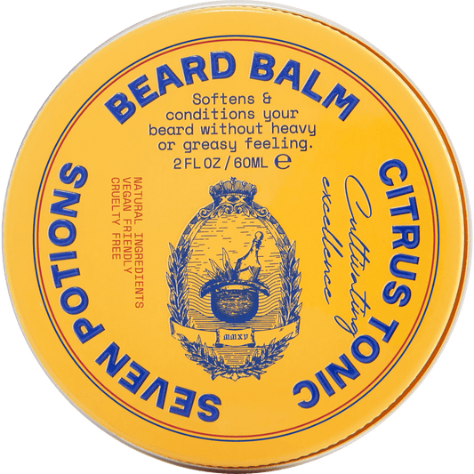 Yellow container of Seven Potions Citrus Tonic Beard Balm with blue text on a gray background
