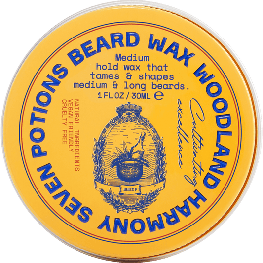 Beard wax container with yellow label and blue text on a grey background