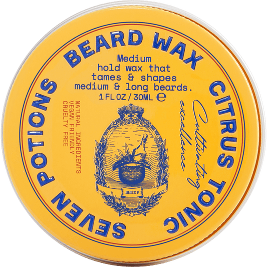 Yellow container of Beard Wax with blue text and branding on a gray background