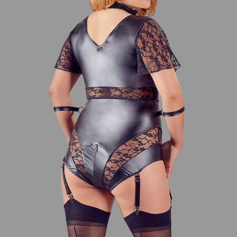 lady wearing Black Bondage Body Plus Size on white background. image 2