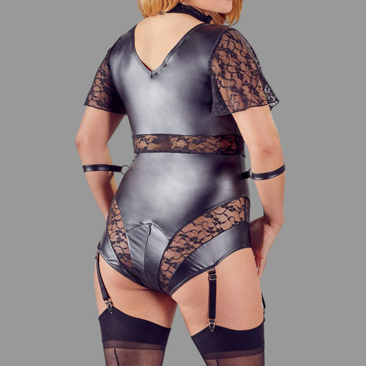 lady wearing Black Bondage Body Plus Size on white background. image 2