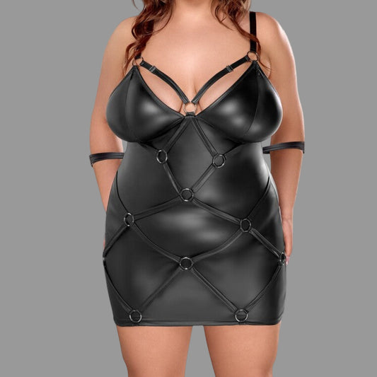 lady wearing Black Curvy Leather-Look Dress Plus Size on white background. image 1