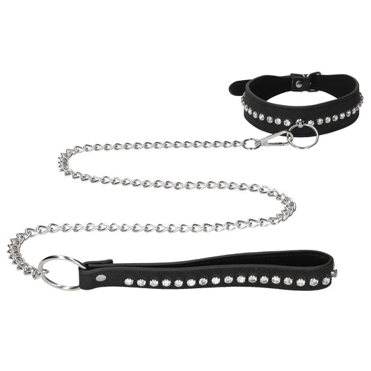 Black Diamond Studded Collar With Leash on white background. image 1