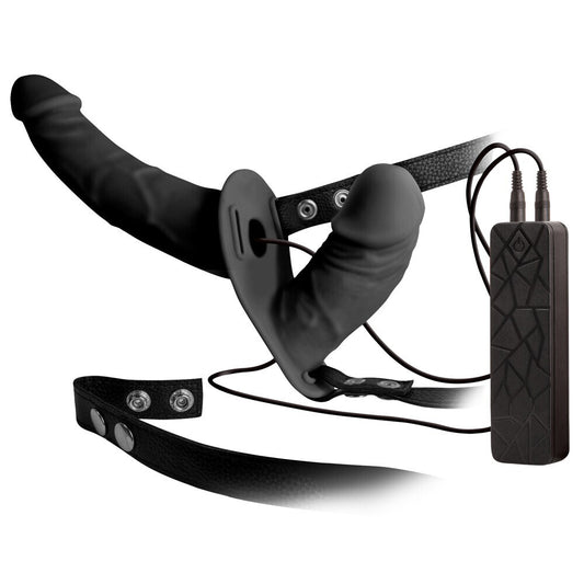 Black Double Thruster Vibrating Duo With Harness on white background. image 1