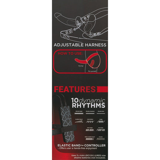 Black Double Thruster Vibrating Duo With Harness features on white background. image 2