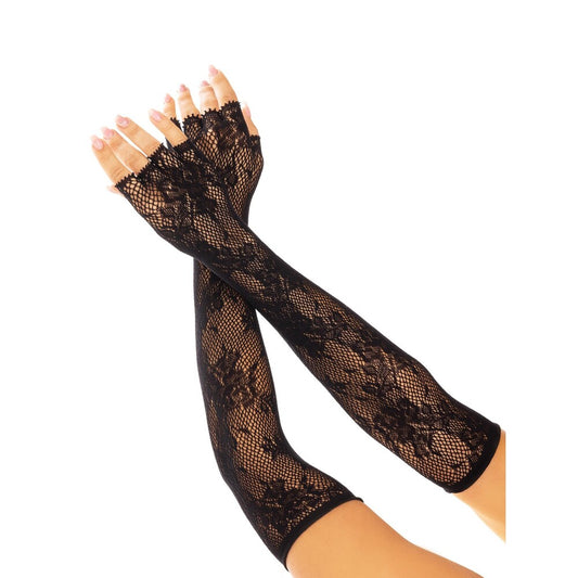 black fingerless gloves on hands and a white background. image 1