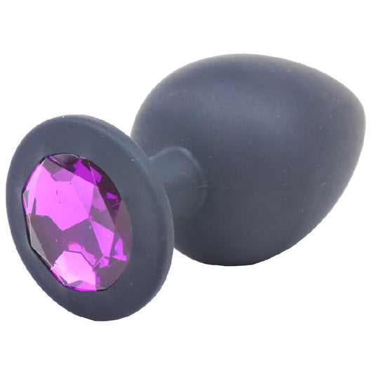 Black Jewelled Silicone Butt Plug Large on white background. image 1