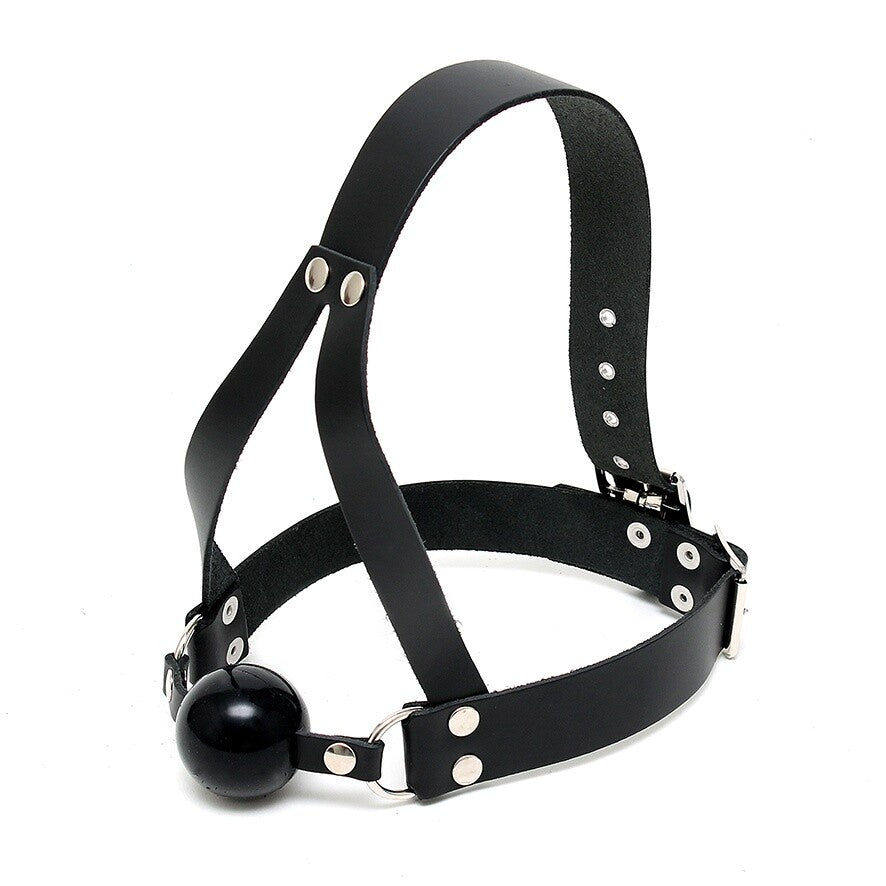 Black Leather Ball Gag And Head Harness on white background. image 1