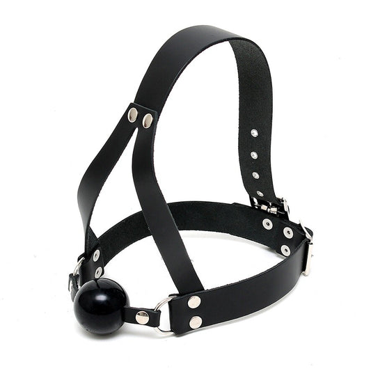 Black Leather Ball Gag And Head Harness on white background. image 1