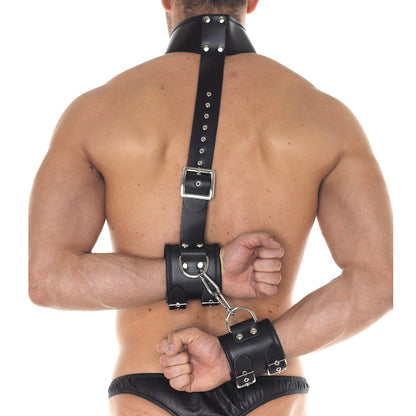 man wearing Black Leather Cuff And Neck Set on white background. image 2